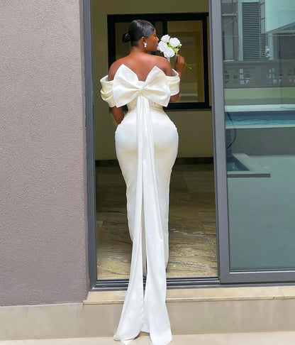 Cream Color Off-The-Shoulder Appliques Mermaid Prom Dress With Back Bow ZT0162