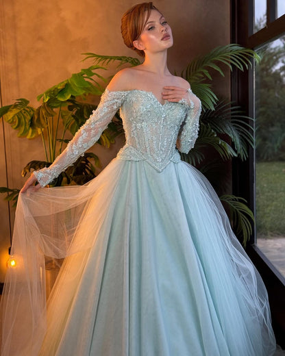 Strapless Off-The-Shoulder Appliques Tulle Prom Dress With Long Sleeves ZT0477