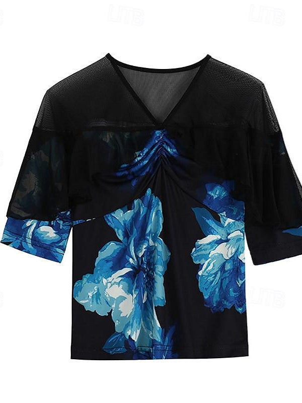 Women's Latin Dance Top Printing Tulle Splicing   Performance Training High Half Sleeve