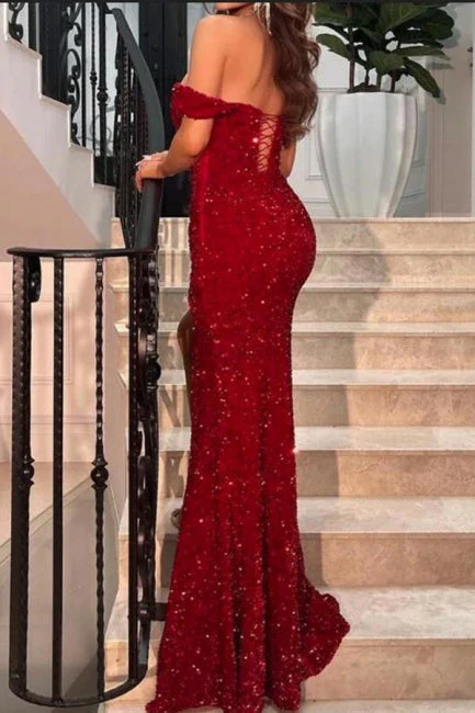 Red Off-The-Shoulder Sweetheart Sequins Mermaid Prom Dress With Split PD0908