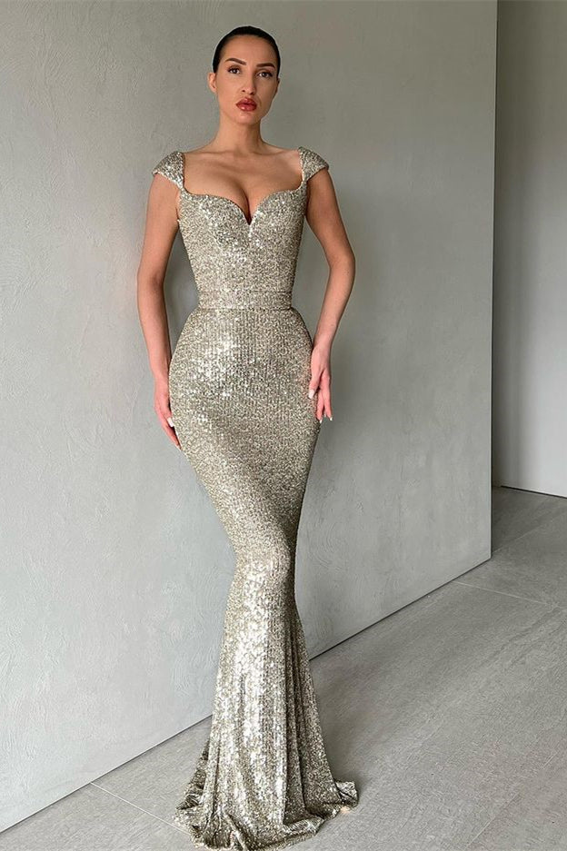 Cap Sleeves Long Sequins Prom Dress Mermaid PD0755