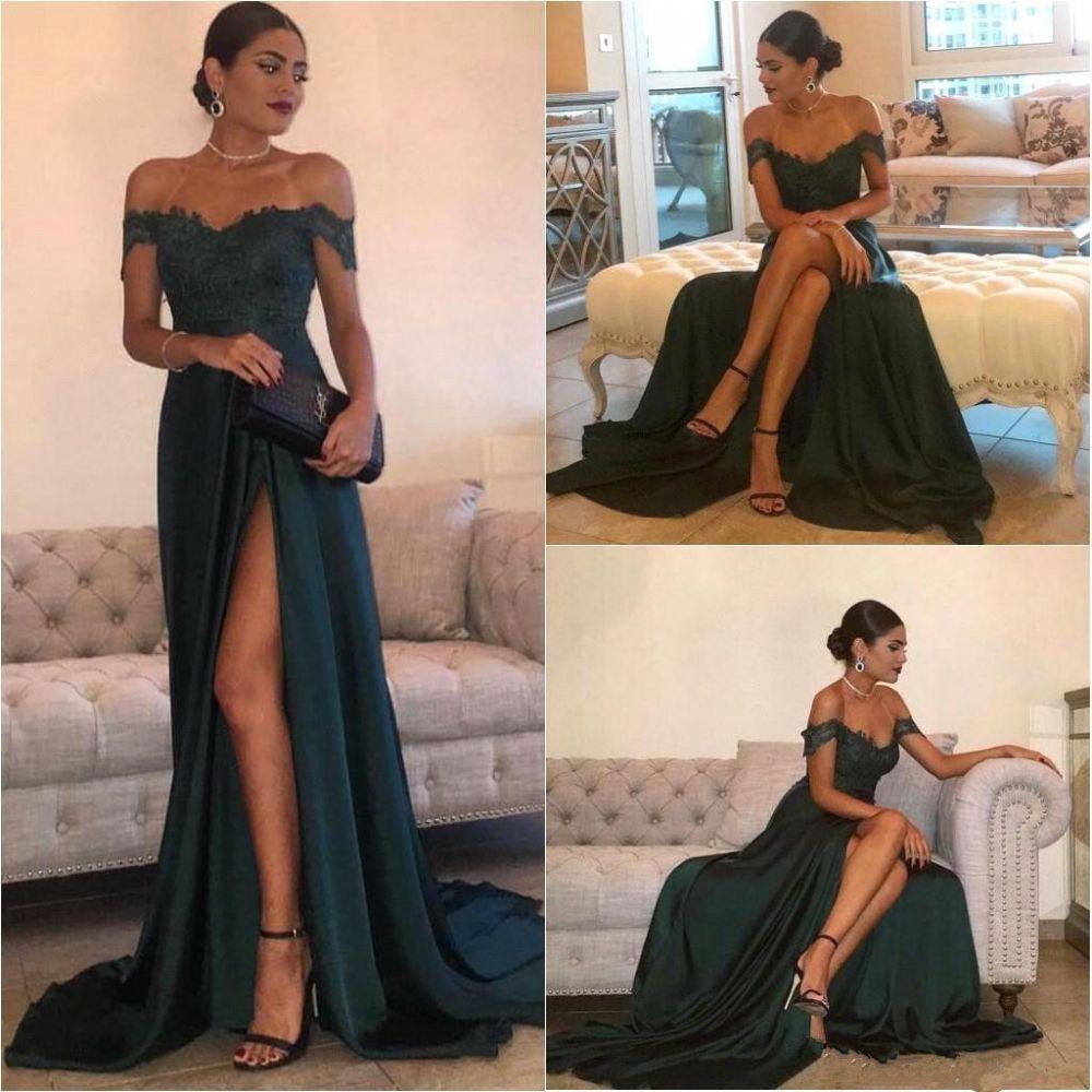 Dark Green Lace Prom Dress Off-the-Shoulder PD091