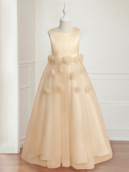 A-Line/Princess Round Neck Sleeveless Floor-Length Flower Girl Dress with 3D floral pattern