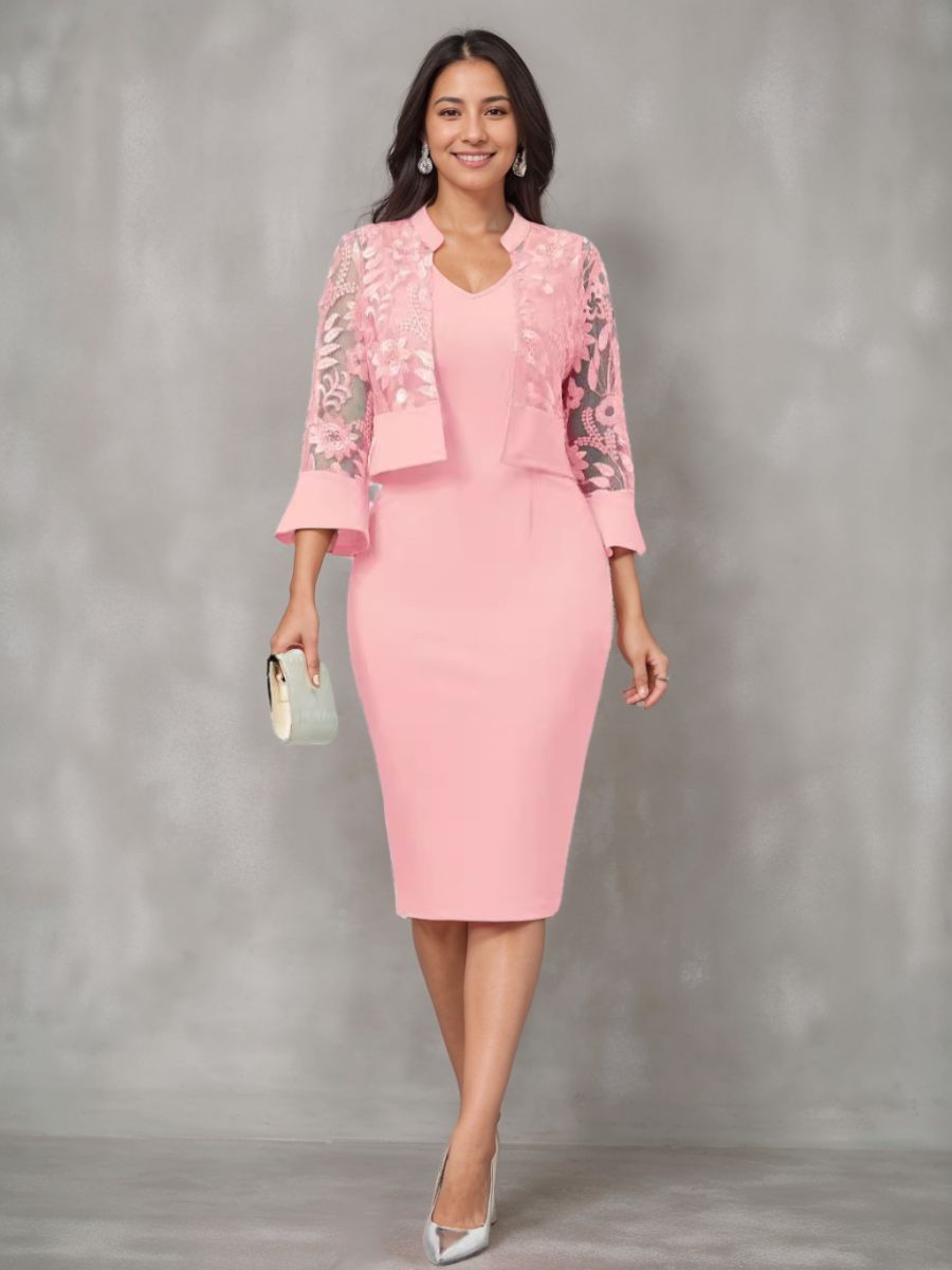 Sheath/Column V-Neck Tea-Length Mother of the Bride Dresses with Appliques & Jacket