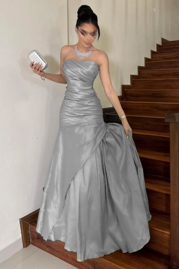 Silver Mermaid Mesh Strapless Pleated Prom Dress ZT0493