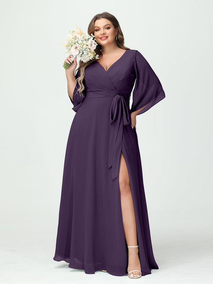 A-Line/Princess/Princess V-Neck Long Sleeves Chiffon Plus Size Bridesmaid Dresses With Pockets Belt & Split Side