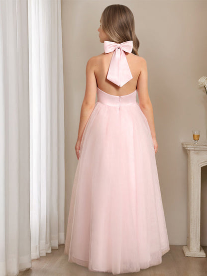 A-Line/Princess Halter Neck Sleeveless Floor-Length Flower Girl Dress with Bowknot