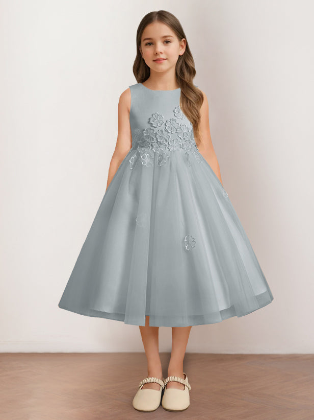 A-Line/Princess Scoop Neck Sleeveless Tea-Length Flower Girl Dress with Appliques