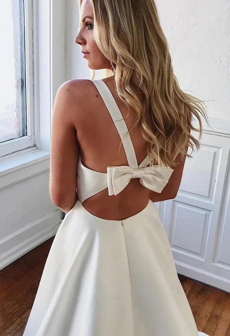 White fashion backless satin A-line long elegant trailing back bow ball gown evening dress wedding dress gh1148