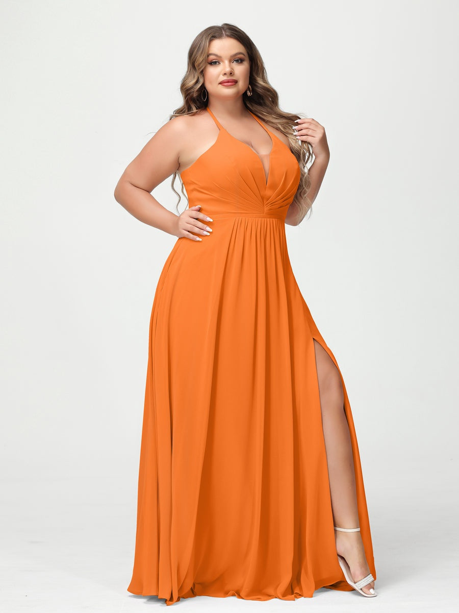 A-Line/Princess Halter Sleeveless Floor-Length Plus Size Bridesmaid Dresses with Pockets & Split Side