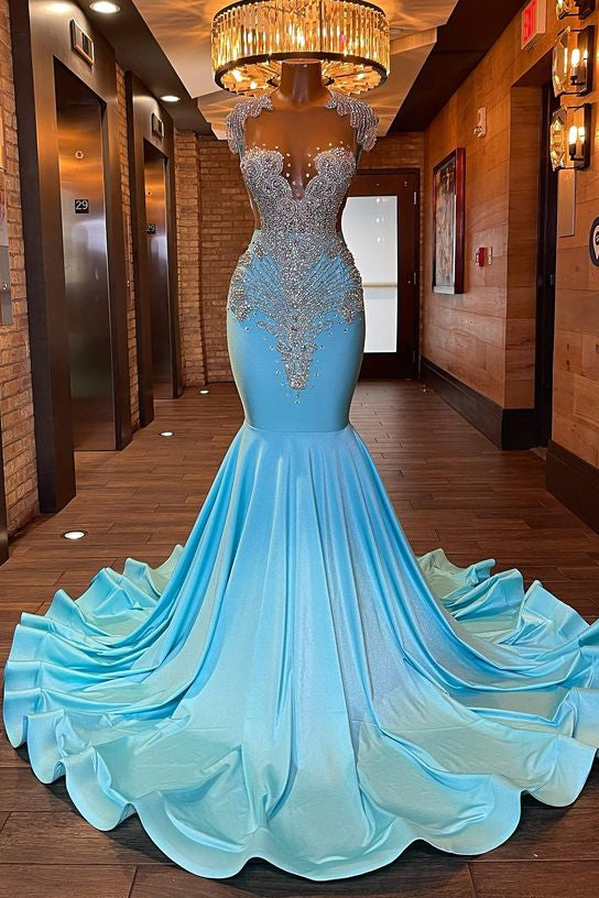 edgynewlook Sleeveless Blue Popular Mermaid Prom Dress Appliques With Beads