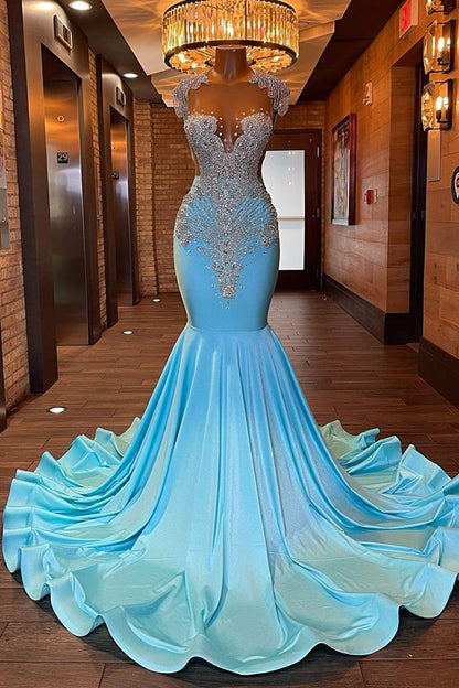 edgynewlook Sleeveless Blue Popular Mermaid Prom Dress Appliques With Beads