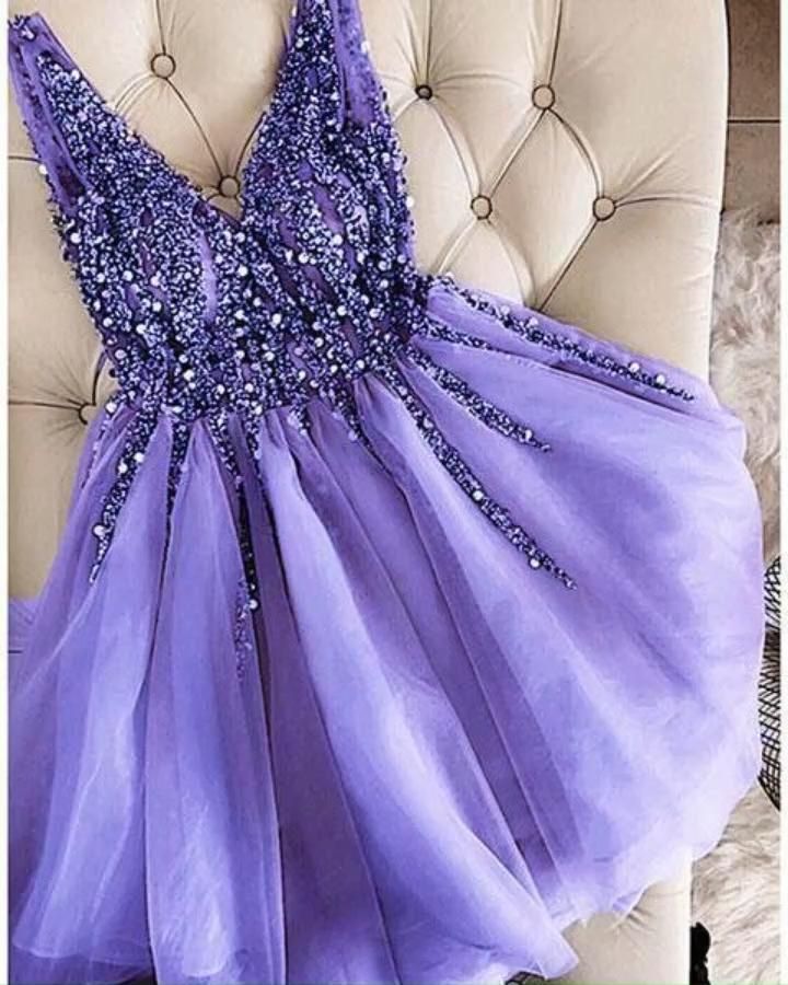 LTP0520,V-Neck Organza Beaded Homecoming Dresses Mini Prom Dress