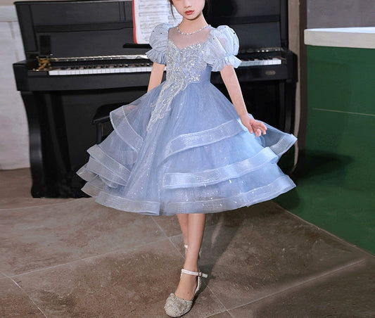 Ball Gown Short Sleeves Knee-Length Girl Party Dress with Rhinestone Appliques