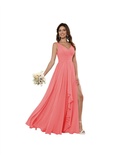 A Line/Princess Chiffon V Neck Sleeveless Floor-Length Bridesmaid Dresses