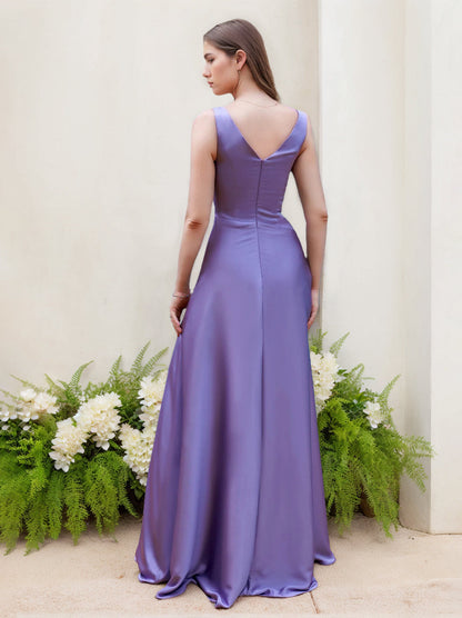 A Line/Princess V-Neck Sleeveless Floor-Length Stretch Satin Plus Size Bridesmaid Dresses with Ruffles