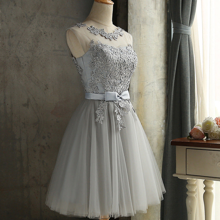 Gray lace short A line prom dress homecoming dress  8411