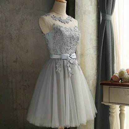 Gray lace short A line prom dress homecoming dress  8411