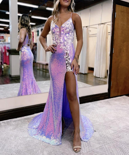 Mermaid Glitter Lavender Floral Long Prom Dress with Slit