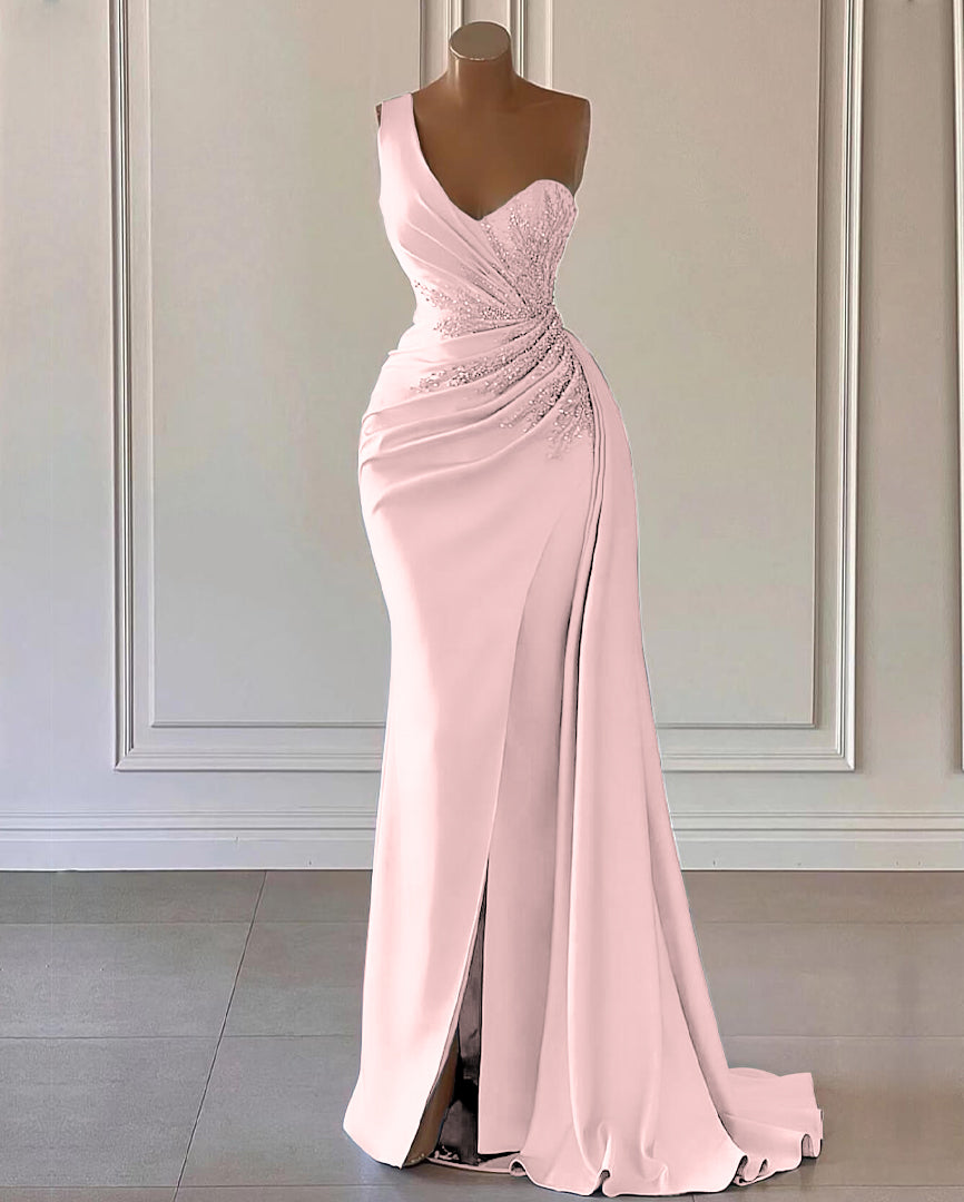 Sky Blue One-Shoulder Luxury Prom Dress Mermaid Split With Ruffles ED0096