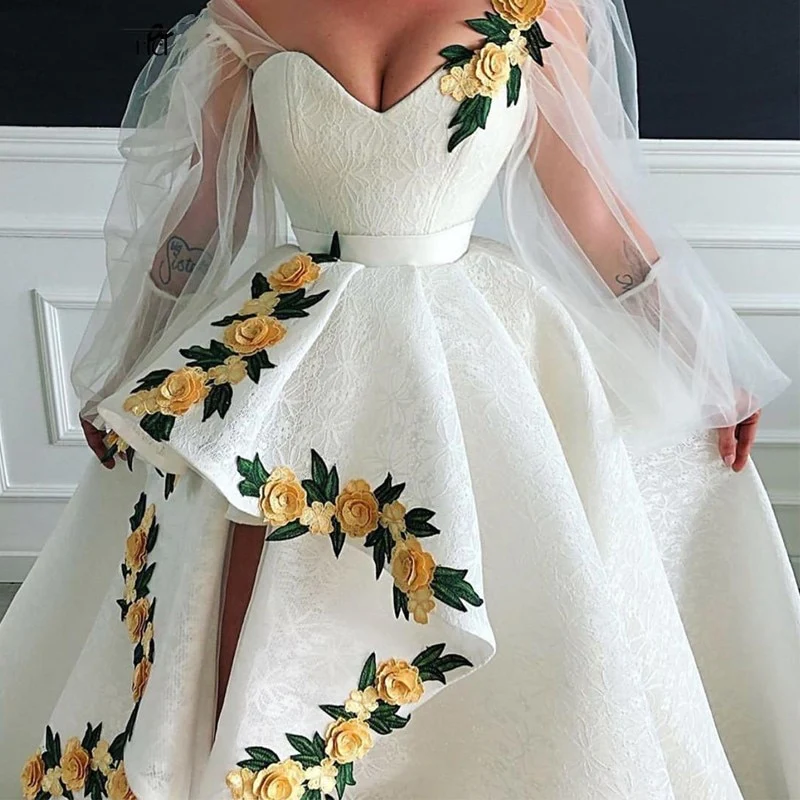 White yellow three-dimensional flower heart-shaped neckline long ball gown evening dress wedding dress gh993