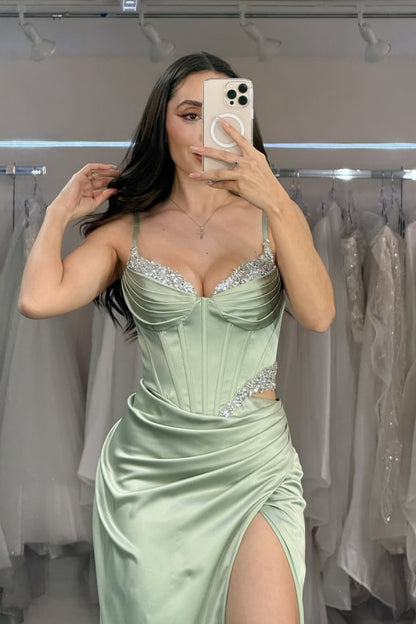 Light Green Spaghetti-Straps Sequins Split Pleated Prom Dress ZT0588