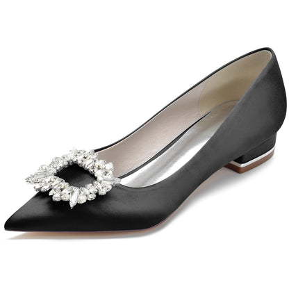 Women's Wedding Shoes Silk Satin Square Rhinestone Low Pointed Toe Bridal Shoes