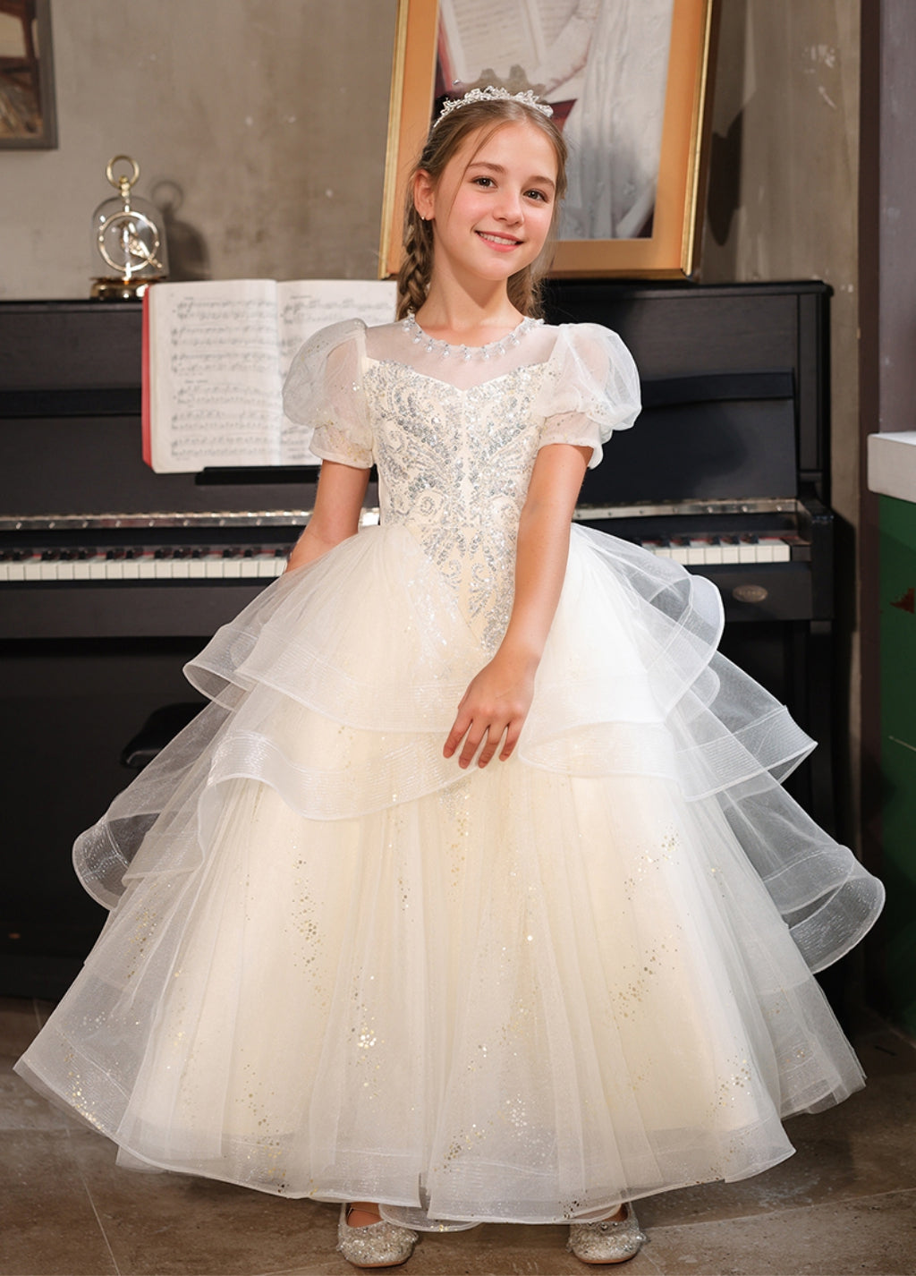 Short Sleeves A-Line/Princess Flower Girl Party Dress with Rhinestone Appliques