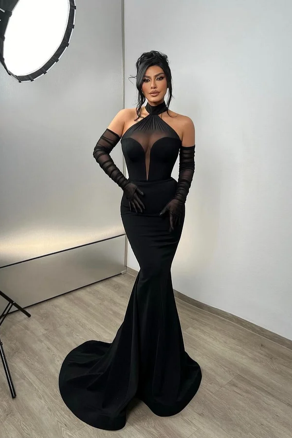 Black Halter Long Mermaid Prom Dress With Gloves ZT0047