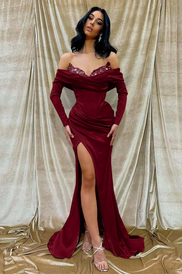 Off-The-Shoulder Long Sleeves Front Split Mermaid Prom Dress With Sequins PD0808