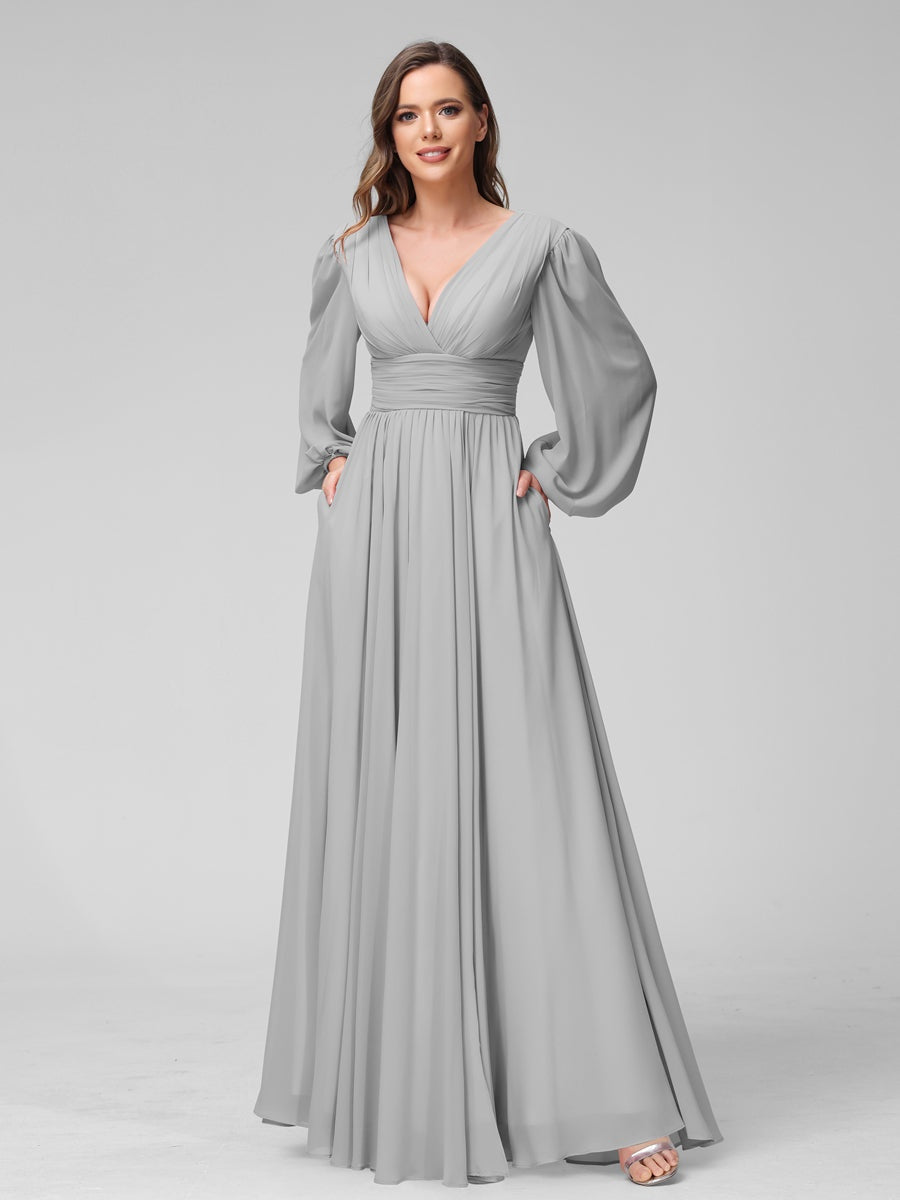 A-Line/Princess V-Neck Long Sleeves Floor-Length Bridemaid Dresses With Split Side & Pockets