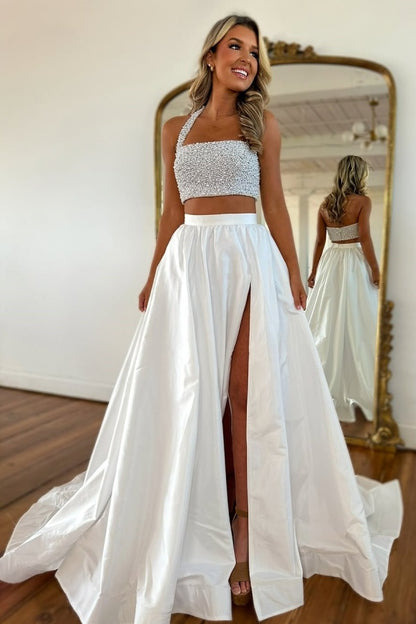 White Two Pieces Halter Beaded Split Prom Dress ZT0481