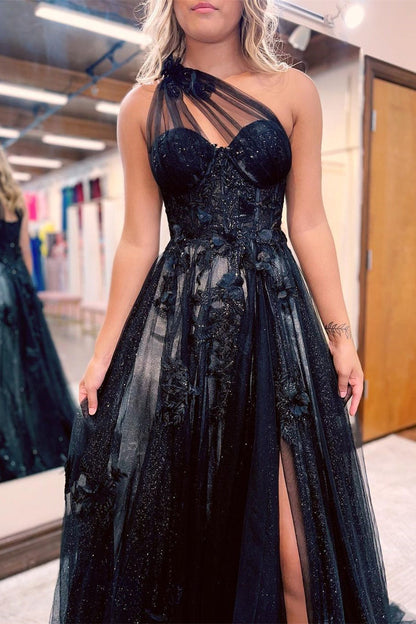 Edgynewlook Black One Shoulder A Line Prom Dress Side Split Tulle With Appliques