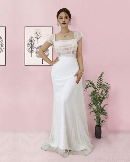 Elegant Prom Dress Long Tulle White Spaghetti Strap Sleeveless YX00018