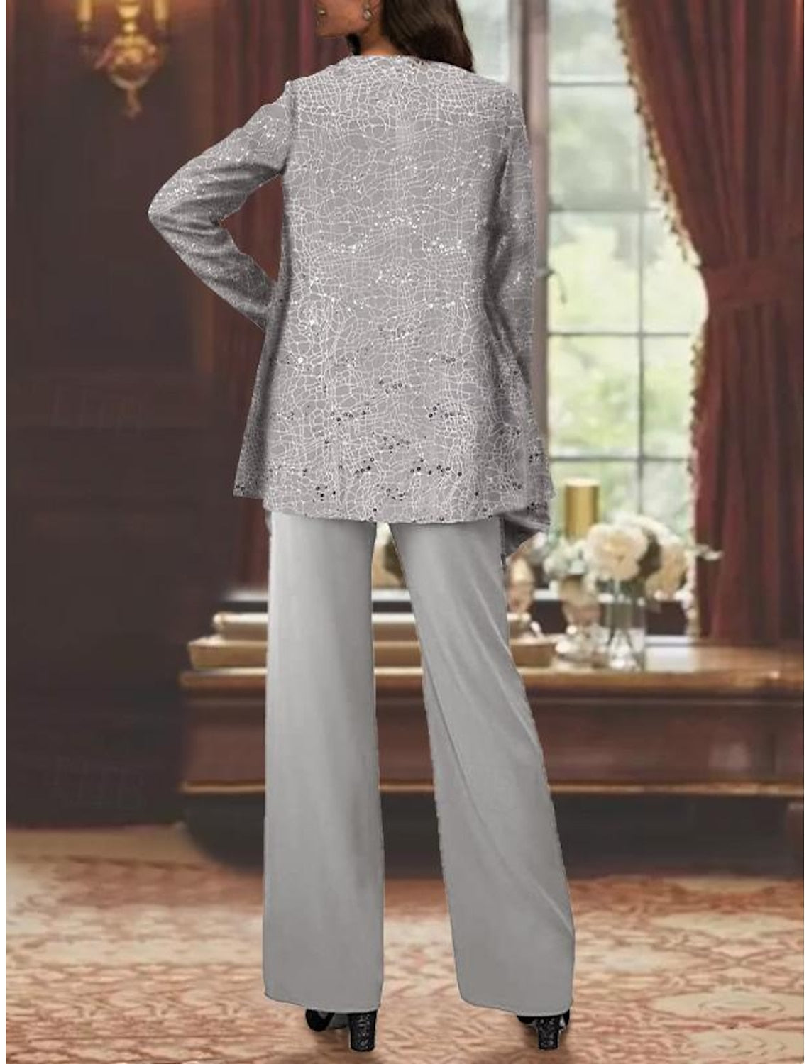 Chiffon Mother of the Bride Pantsuits with Jacket & Sequins