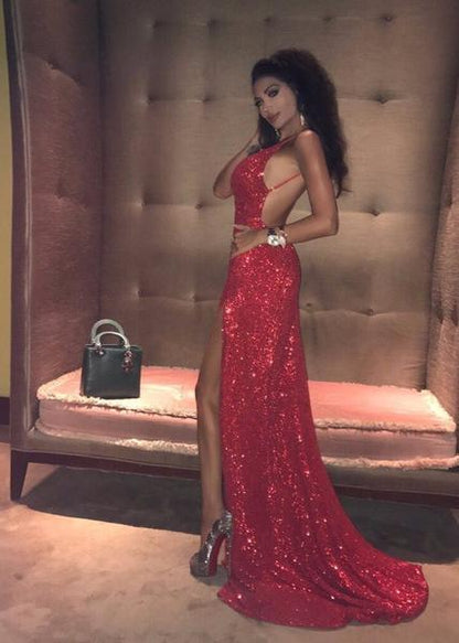 Backless Sequins Red Prom Dress PD044