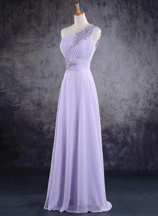 Light Purple One Shoulder Lace Applique Chiffon Party Dress, A-Line Bridesmaid Dress gh112