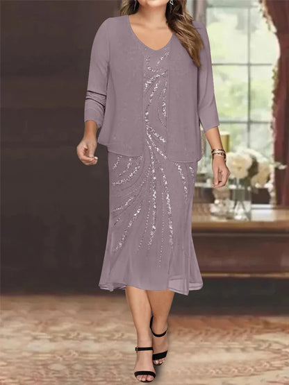 Chiffon 2 Pieces V-Neck Knee-Length Plus Size Mother of the Bride Dresses with Jacket & Sequins