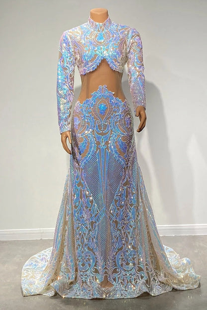 High Neck Long Sleeves Mermaid Prom Dress With Sequins Lace PD0730