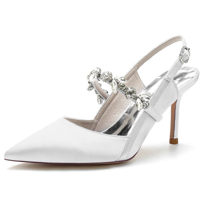 Women's Wedding Shoes Silk Satin Rhinestone Stiletto Pointed Toe Buckle Bridal Shoes