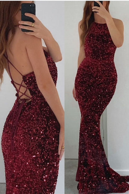 Burgundy Sleeveless Mermaid Prom Dress With Sequins PD0892