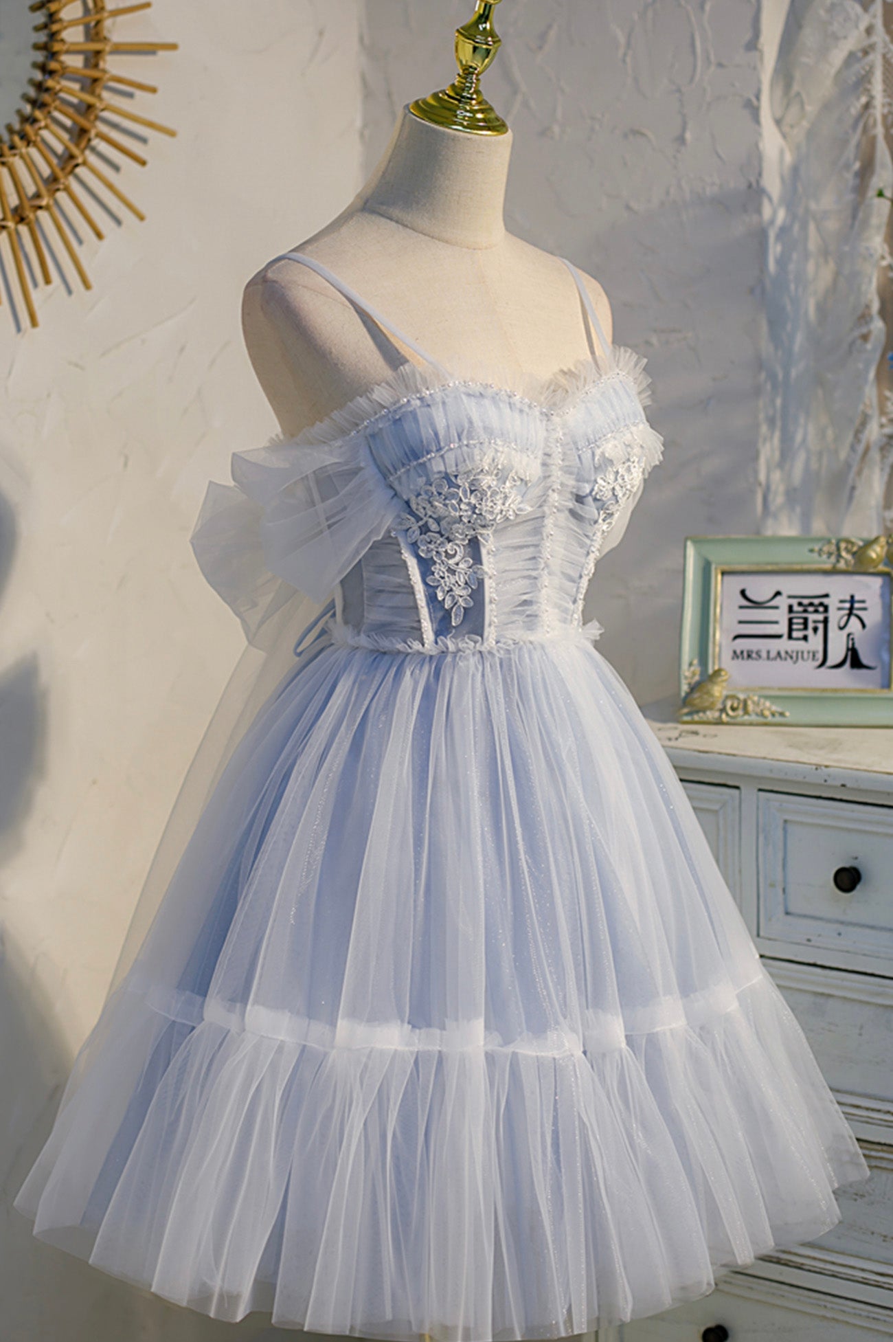 Blue tulle lace short prom dress homecoming dress  10540