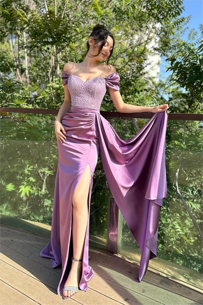 edgynewlook Stunning Purple Satin Off the Shoulder Strapless Beadings Prom Dress with Split