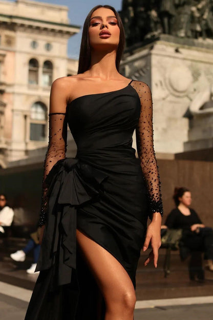 Black Prom Dress Long Sleeves Tulle One Shoulder With Pleated Slit ED0756