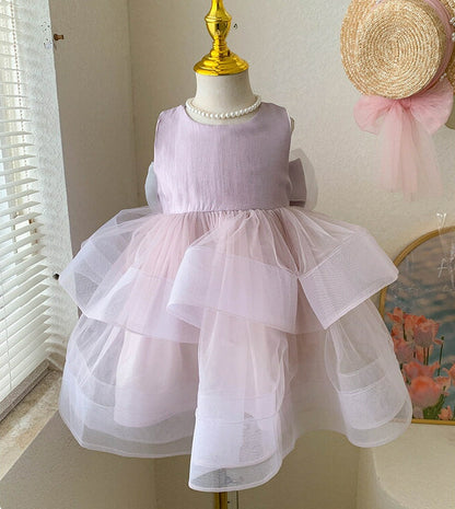 Sleeveless Round Neck Tea Length Princess Baby Girl Party Dress with Bowknot