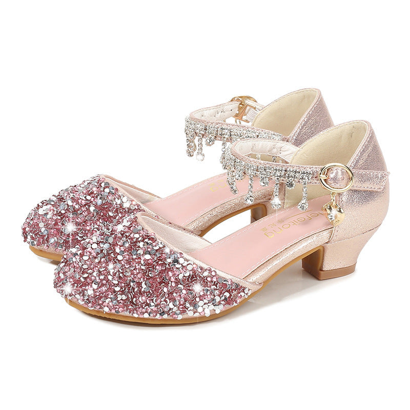 Sparkling Sequined Block Round Toe Buckle Girl's Shoes with Rhinestone