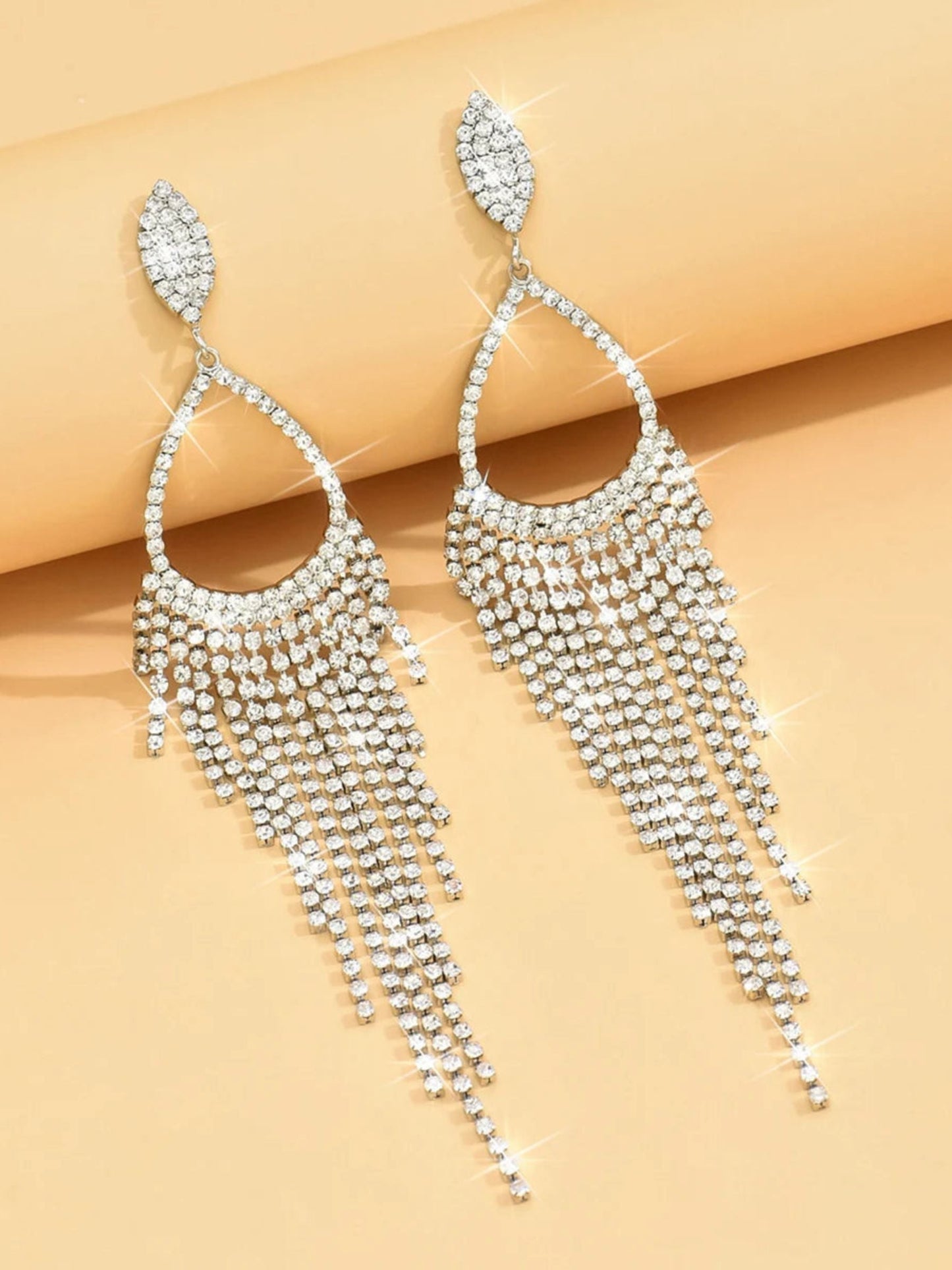 Women's Silver Luxury Exquisite Crystal Tassel Long Teardrop Earrings