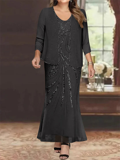 Sheath/Column V-Neck Ankle-Length Plus Size Mother of the Bride Dresses with Jacket & Sequins