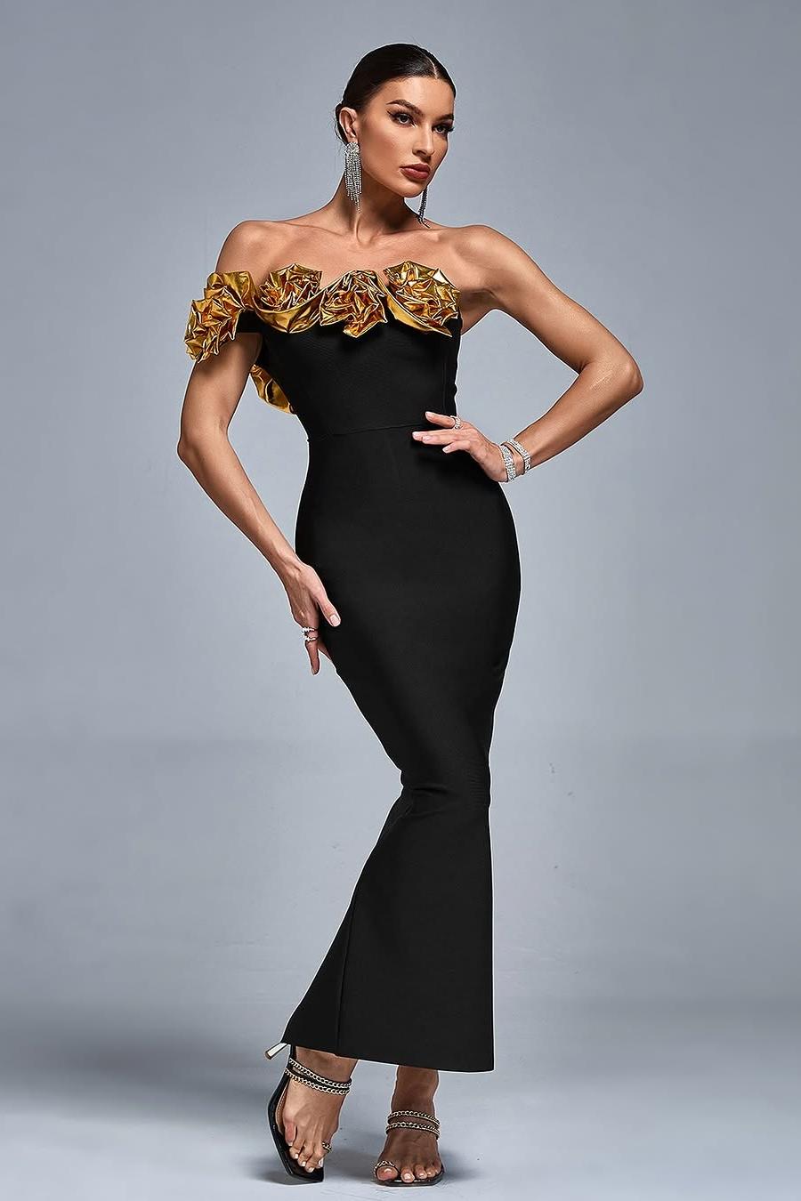 edgynewlook Stunning Black Satin One Shoulder Strapless Mermaid Prom Dress with Ruffles