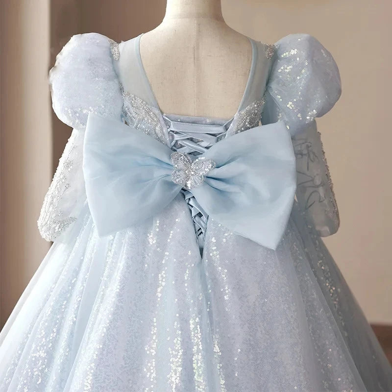 Long Sleeves Ball Gown Beading Appliques Shinning Girl Party Dress with Bow